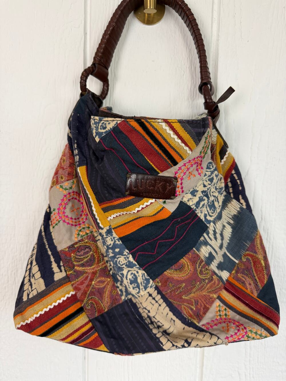 Y2K Lucky Brand Patchwork Shoulder Bag Boho Embroidered Textile Hobo Purse